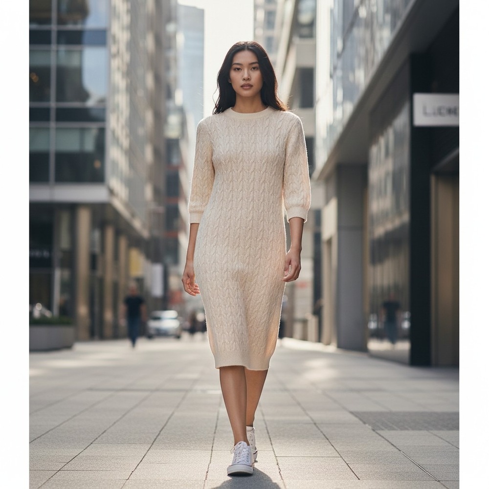 CLOSED Cashmere Wool Cable Thick Knit Dress Cream Medium‎ Quiet Luxury Germany